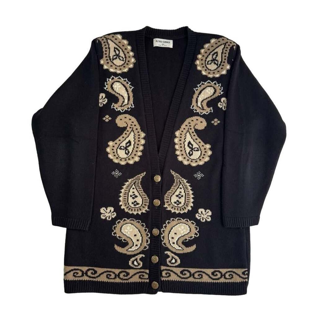 Alfred Dunner western Cardigan Size M Black Paisley Knit Sweater